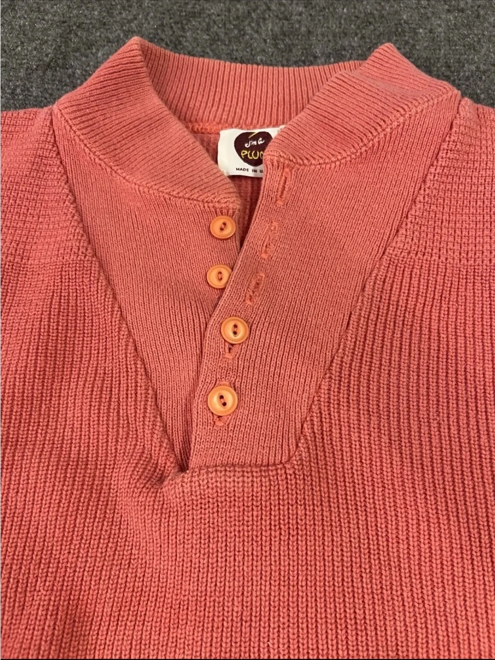 Vintage I’m A Plum Men’s Sweater XLTall 100% Cotton Made in USA Salmon Henley